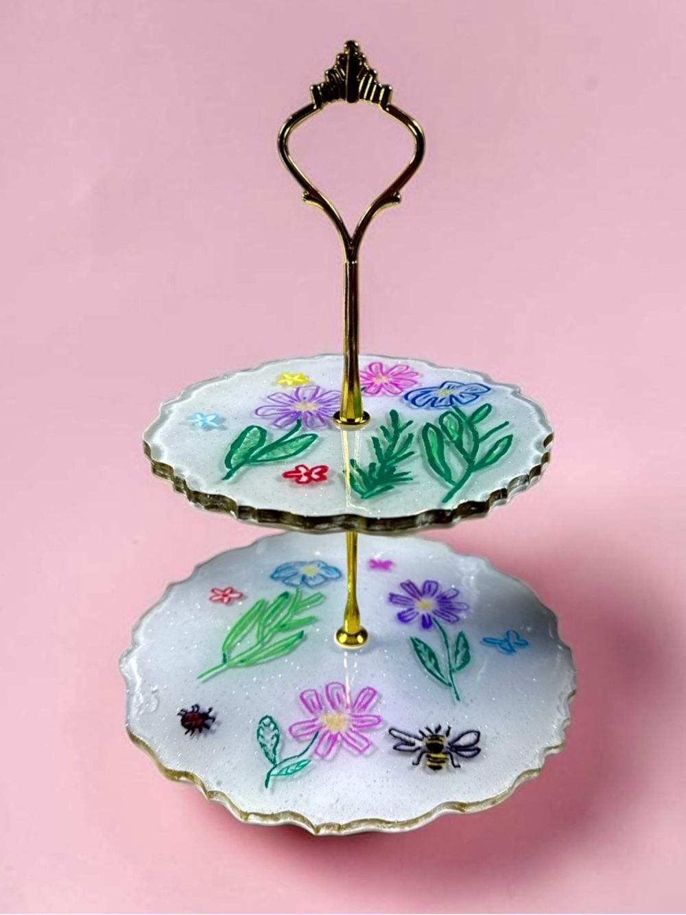 Two-Tier Floral Resin Dessert Stand - White with Multicolor Accents